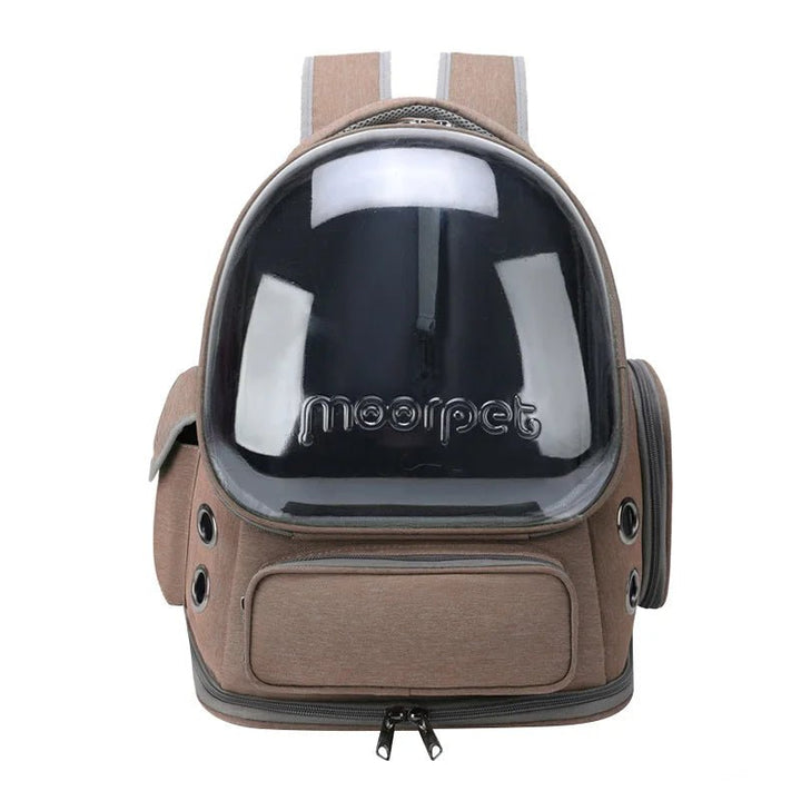 Oxford pet travel backpack, transparent sphere allows pet to see outside, breathable fabric.