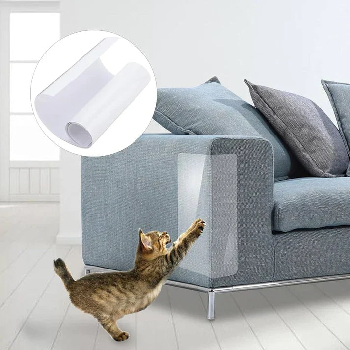 Transparent self-adhesive cat furniture scratch protector film on sofa armrest