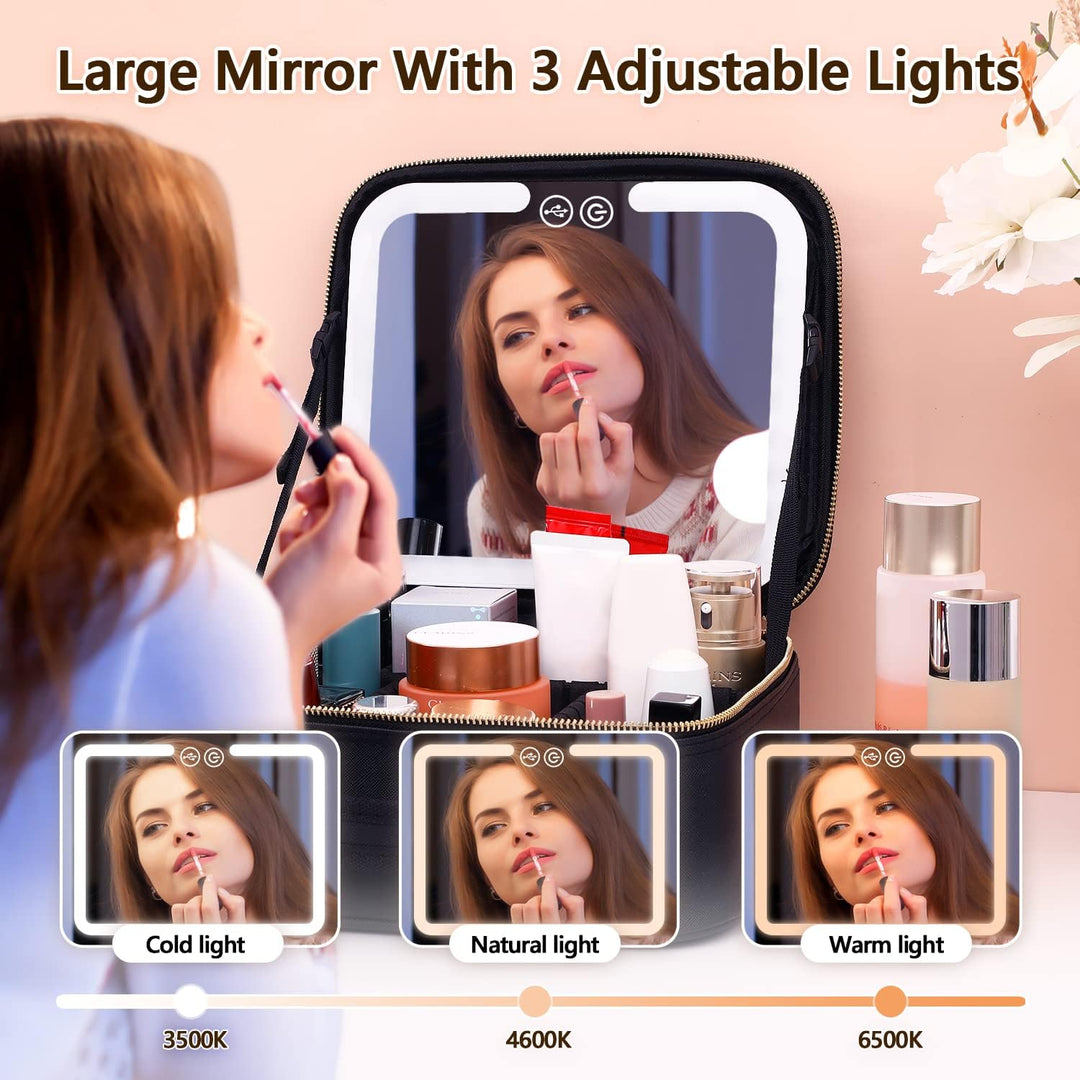 Portable beauty organizer for women with LED mirror; excellent for storing cosmetics, brushes & accessories on trips.