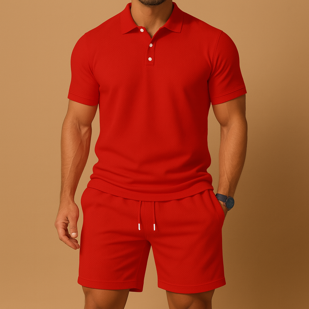 Men's stylish polo shorts set for summer vacations. Lightweight, breathable beachwear and casual resort outfit.