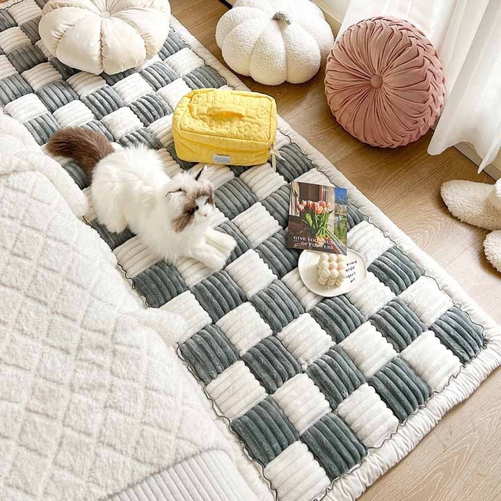 Stack of colorful pet blankets (blue, pink, gray), durable & soft for pets