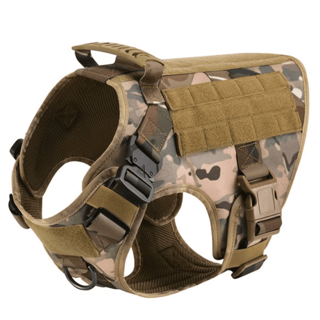 An anti-pull K9 dog harness laid flat, displaying its robust construction and multiple adjustment points.