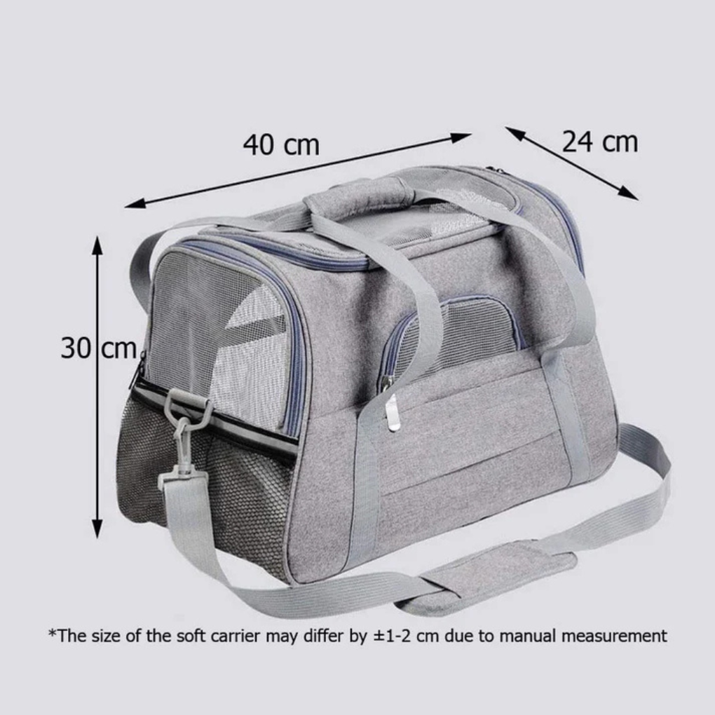 Portable pet carrier for airline travel with mesh panels, suitable for small pets and puppies
