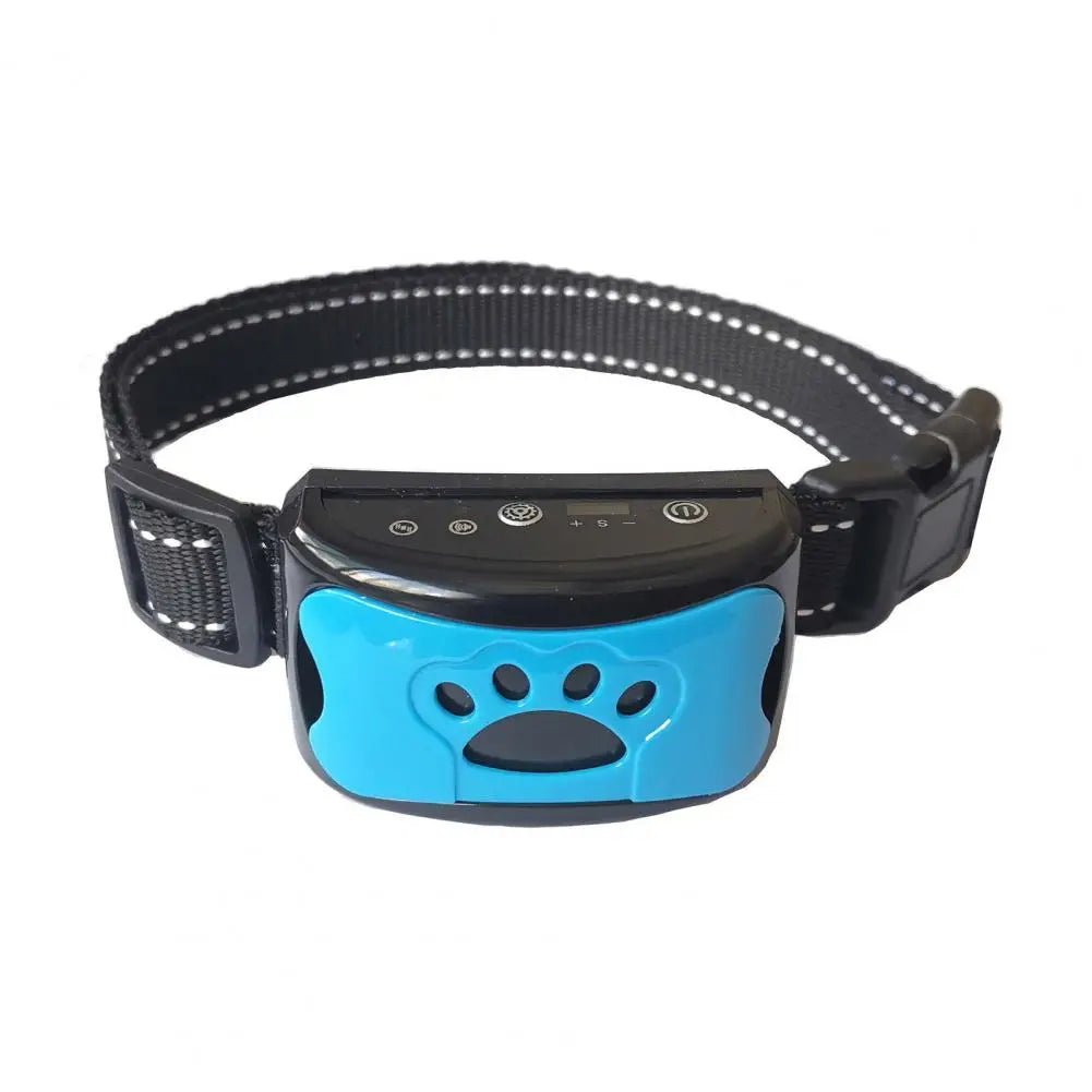 Anti-bark training collar for dogs, shown with USB charging cable, emphasizing its rechargeable feature.