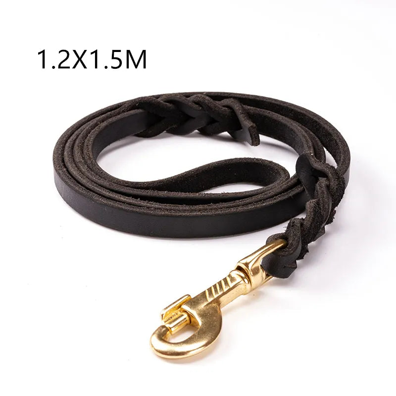 Unisex leather dog leash, rich brown color, durable and comfortable for pet owners, golden hardware.