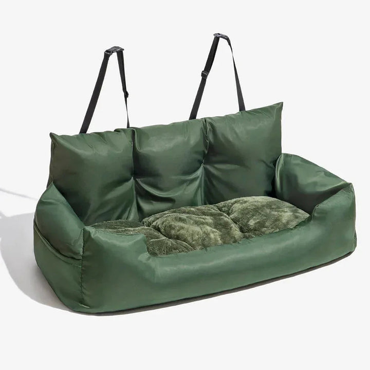 Adjustable cotton dog travel carrier with non-slip base, designed for backseat pet safety