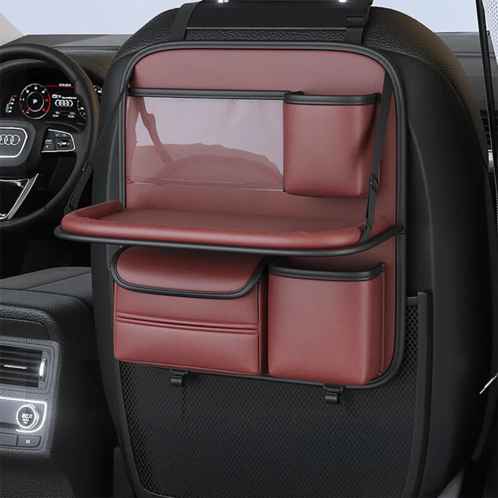 Grey car back-seat organizer. Vehicle accessory with cup holders & a foldable tray table.