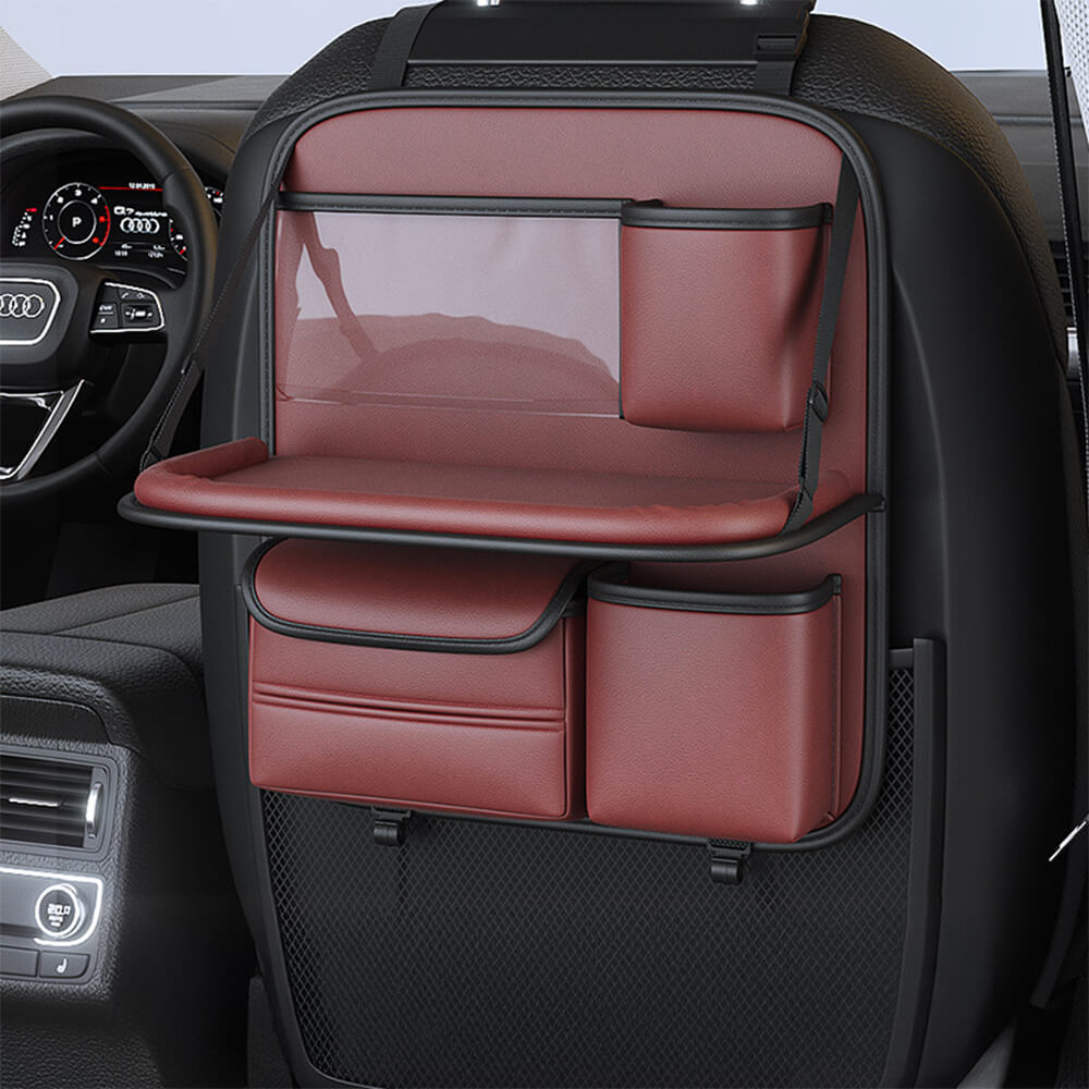 Foldable backseat organizer from the side, illustrating its compact design when not in use