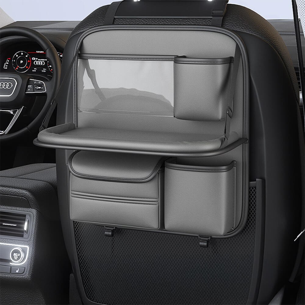 Car accessory: black backseat organizer with handy hooks for bags, enhancing vehicle storage