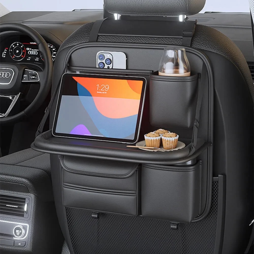Unisex car seat back organizer with foldable tray, black polyester, for backseat storage and travel accessory