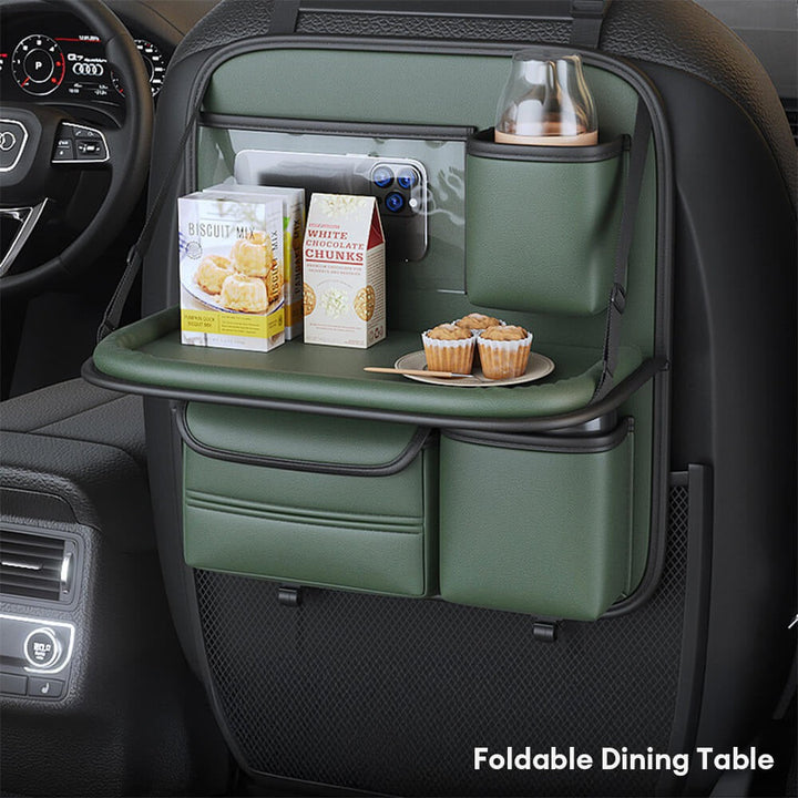 Unisex black car seat organizer installed, showcasing easy attachment and full backseat storage functionality