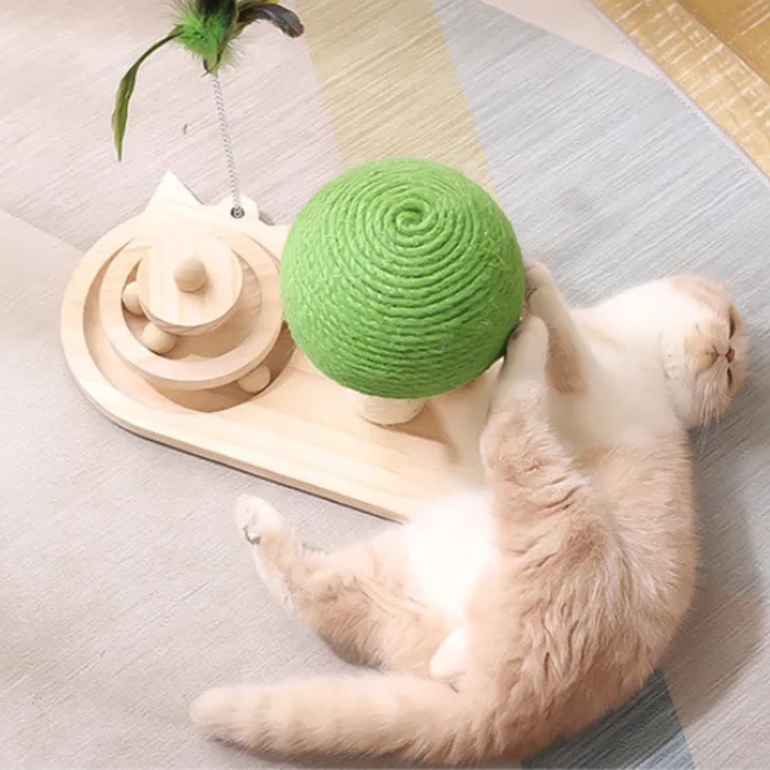 Interactive cat feather toy integrated into a green scratching post, ideal for cat entertainment and health.