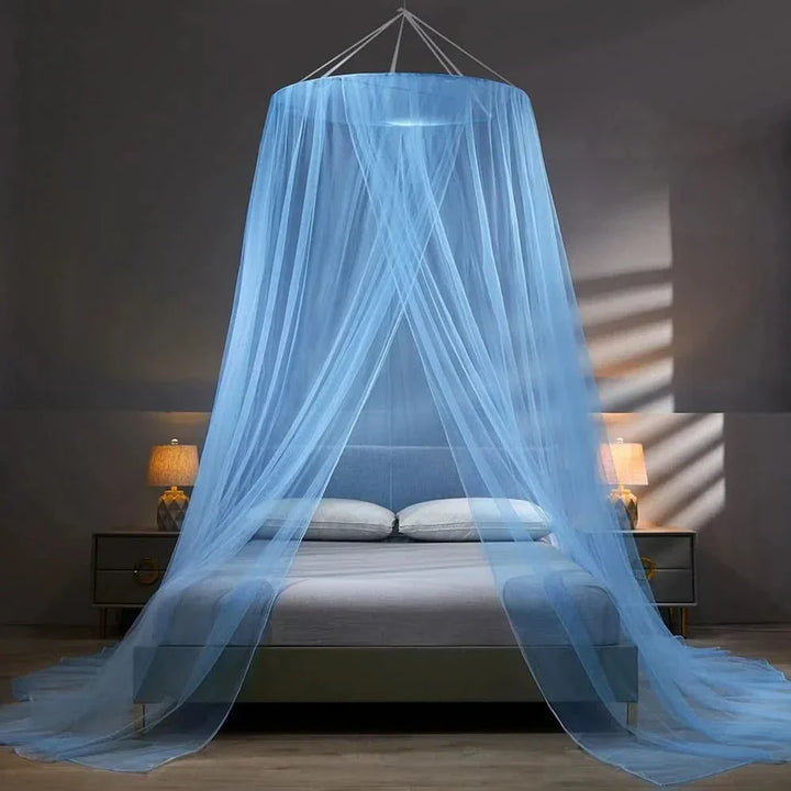 Compact storage of a travel-friendly collapsible mosquito net, ideal for home, camping, and portable pest control.