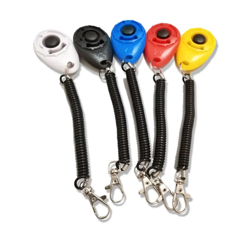 Practical dog training tool: clicker with wrist spiral and heavy-duty snap hook