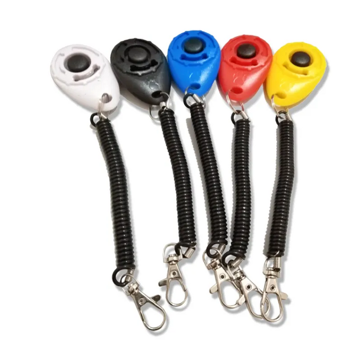 Practical dog training tool: clicker with wrist spiral and heavy-duty snap hook