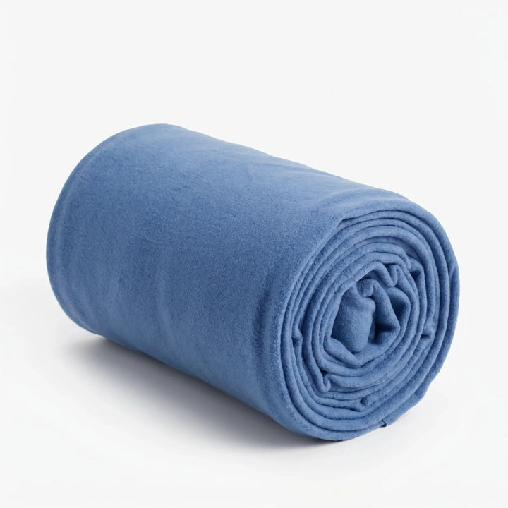 Vibrant blue & orange fleece envelope sleeping bag, versatile for camping, travel, or as a warm liner.