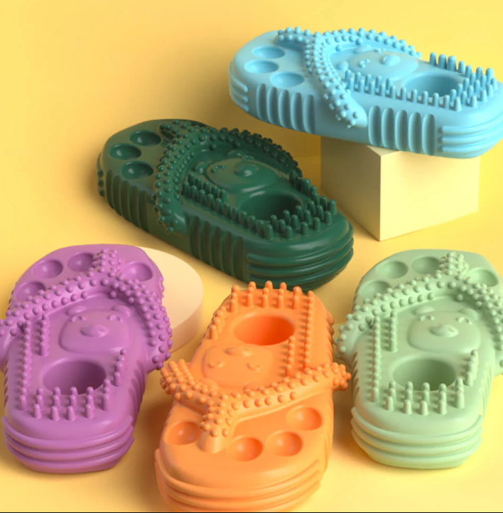 Dog dental care chew toy, a durable flip flop design for puppies and adult dogs.