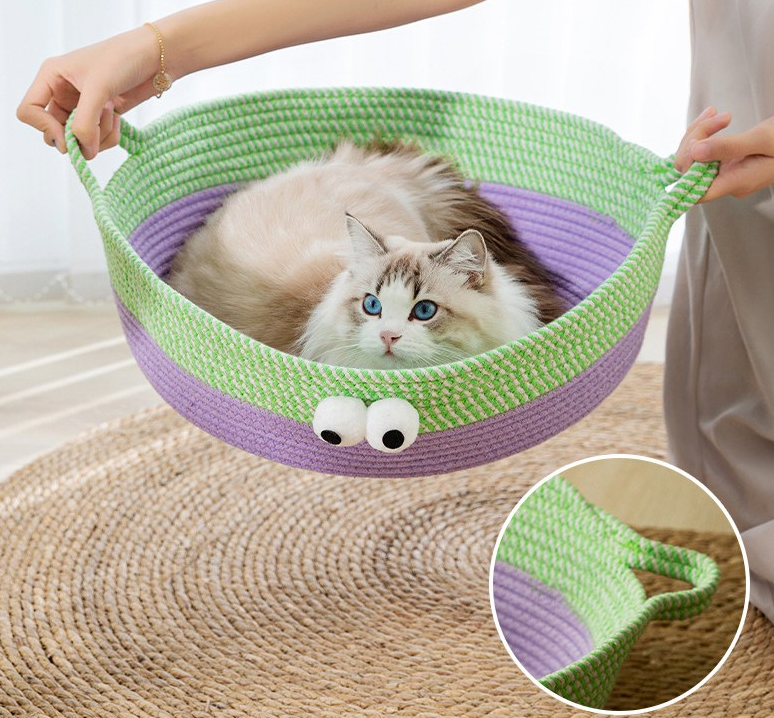 Close-up of a hand-woven cotton pet bed with intricate animal design, durable and eco-friendly