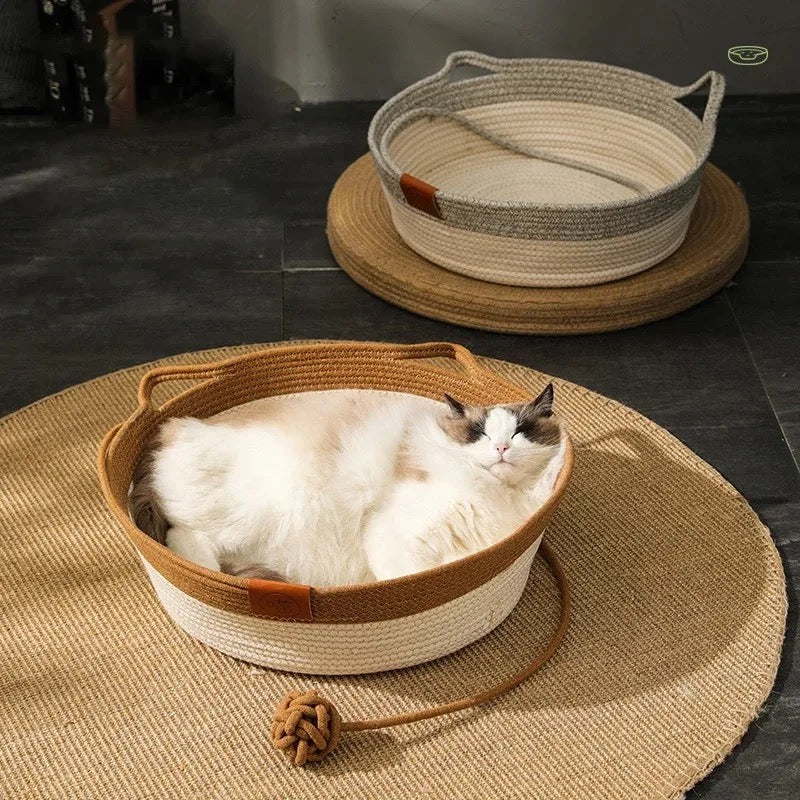 Unisex hand-woven cotton rope cat bed with integrated scratching surface