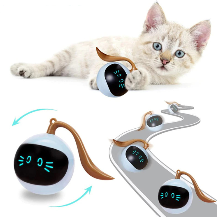 Close-up of a spherical interactive LED cat toy, showcasing its durable and pet-safe design