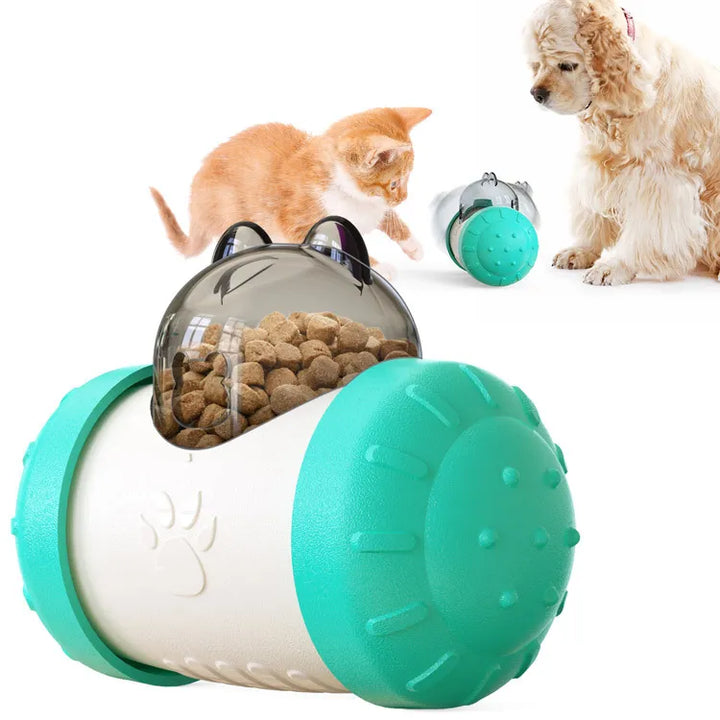 A dog actively engaging with an interactive treat dispenser toy, enhancing playtime.
