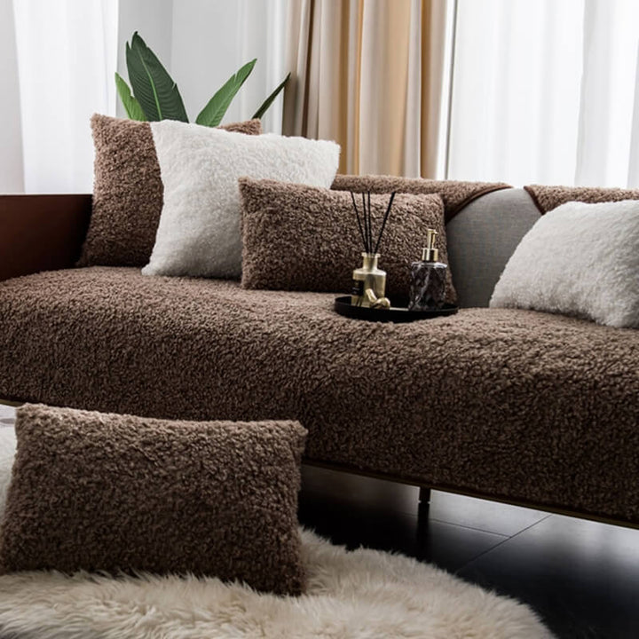 Plush fleece couch protector, non-slip and warm living room furniture cover for home decor
