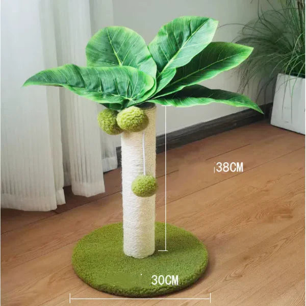 Green palm tree design cat scratcher, sisal post and integrated play balls for feline enjoyment