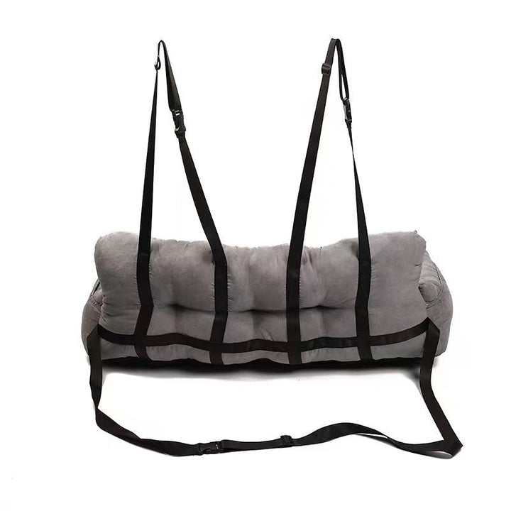 Pet travel booster seat for car console, beige, with adjustable straps, washable pet bed for vehicle.