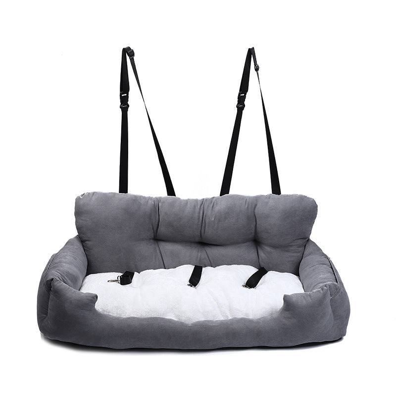 View of unisex pet car booster seat from above, dark gray, secure design for center console, travel bed.