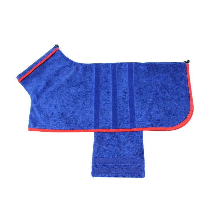 Puppy in a quick-dry microfiber pet bathrobe, making post-bath time easier and faster.