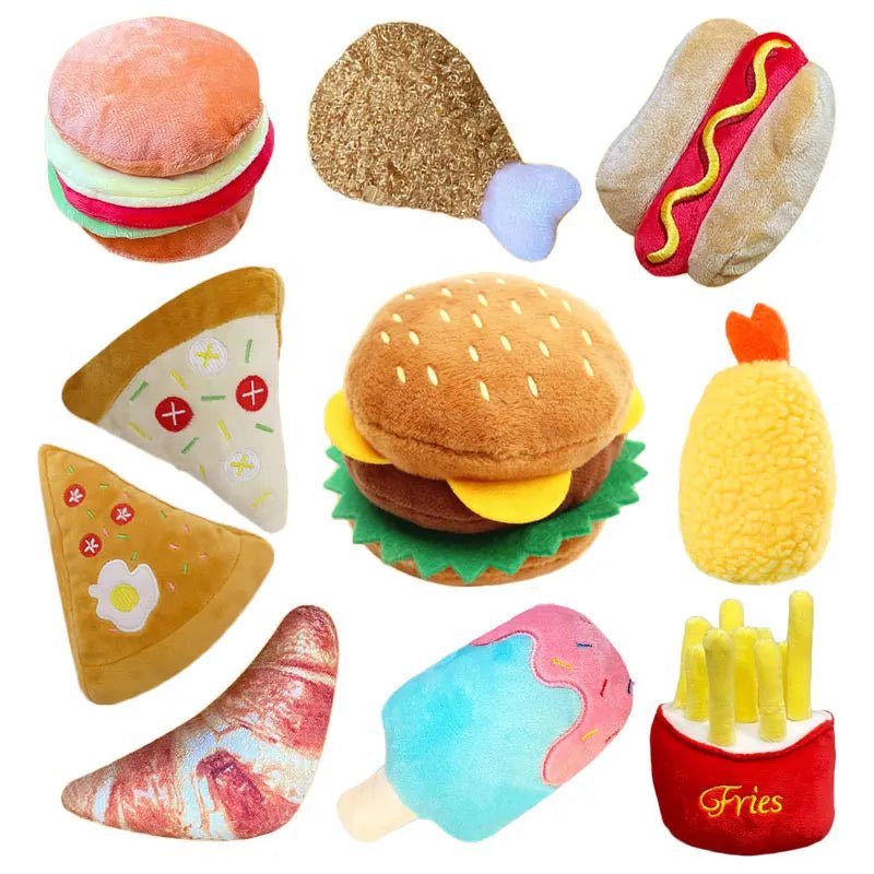 Plush squeaky hot dog pet toy, durable fast food dog toy for chewing and fun