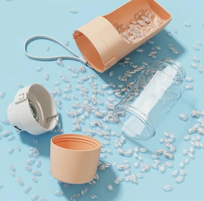 Blue unisex pet travel bottle with separate compartments for water and kibble