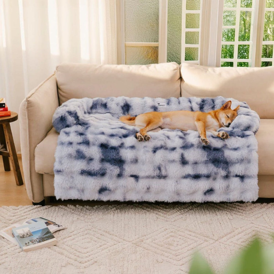 Durable pet bed, plush gray fabric, non-slip feature to keep dogs and cats secure