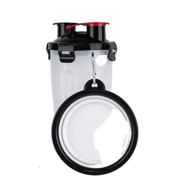 Unisex portable pet bottle with integrated food bowl, essential for dog walks & long journeys