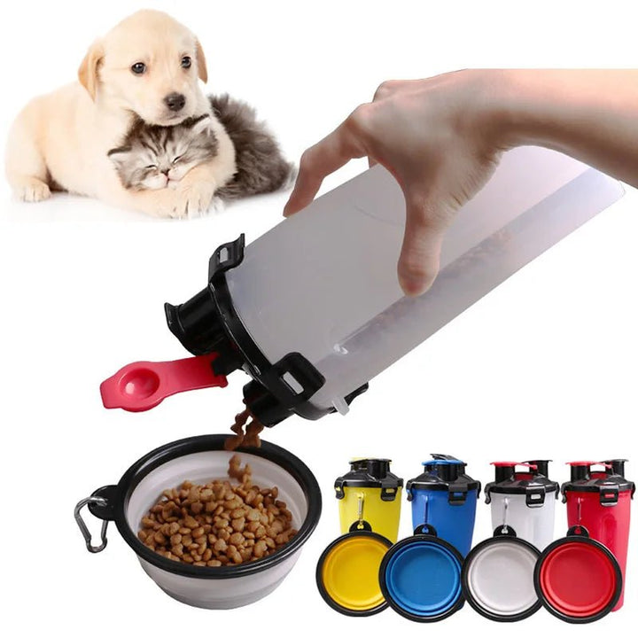 Dog travel bottle with built-in food container, collapsible bowl, perfect for pet hydration on-the-go