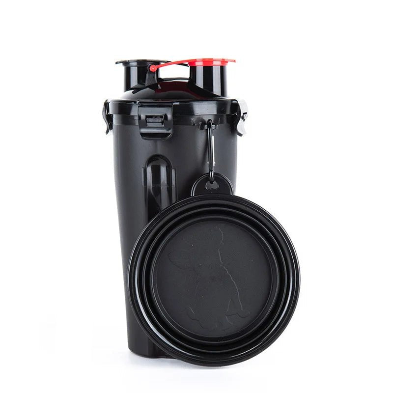2-in-1 pet hydration and feeding system, portable water bottle with food compartment and bowl
