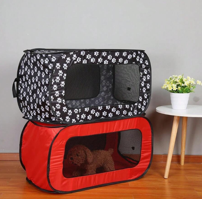 Unisex portable foldable dog crate with black paw pattern on gray fabric, ventilated, for small dogs.