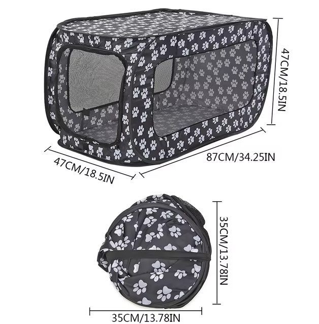 Foldable soft-sided pet crate with paw print design, ideal for travel, breathable mesh windows.
