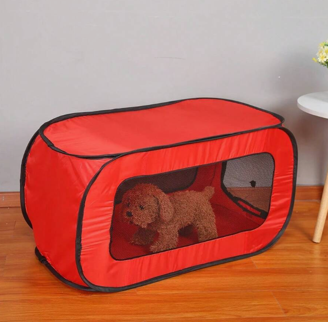 Portable dog kennel with distinctive paw pattern, high-quality, ventilated mesh for pet comfort.