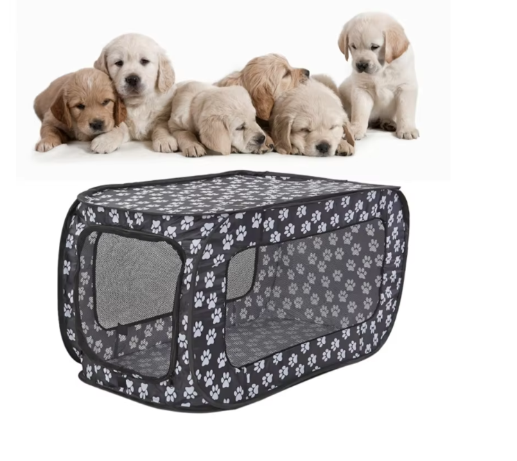 Travel dog crate in gray, adorned with cute paw patterns, designed for convenience and pet safety.