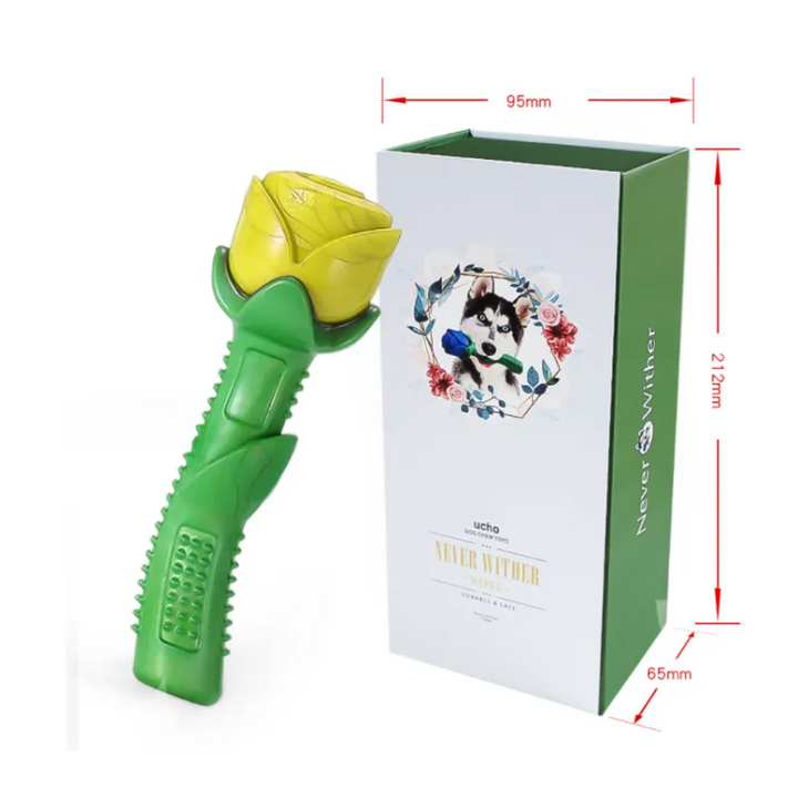 Unisex yellow rose dog chew toy, designed for dental health and pet oral hygiene