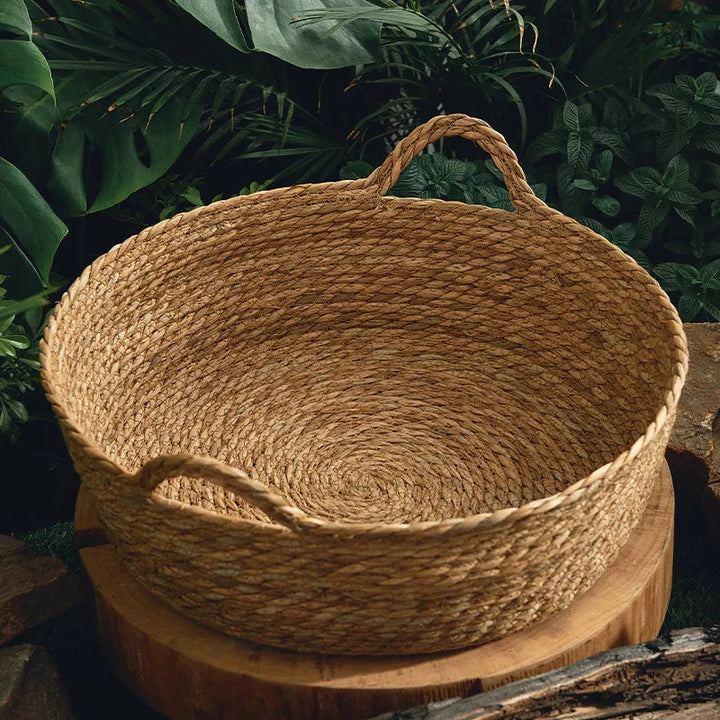 Handwoven round rattan pet bed, a cozy and eco-friendly nest for your cat or dog