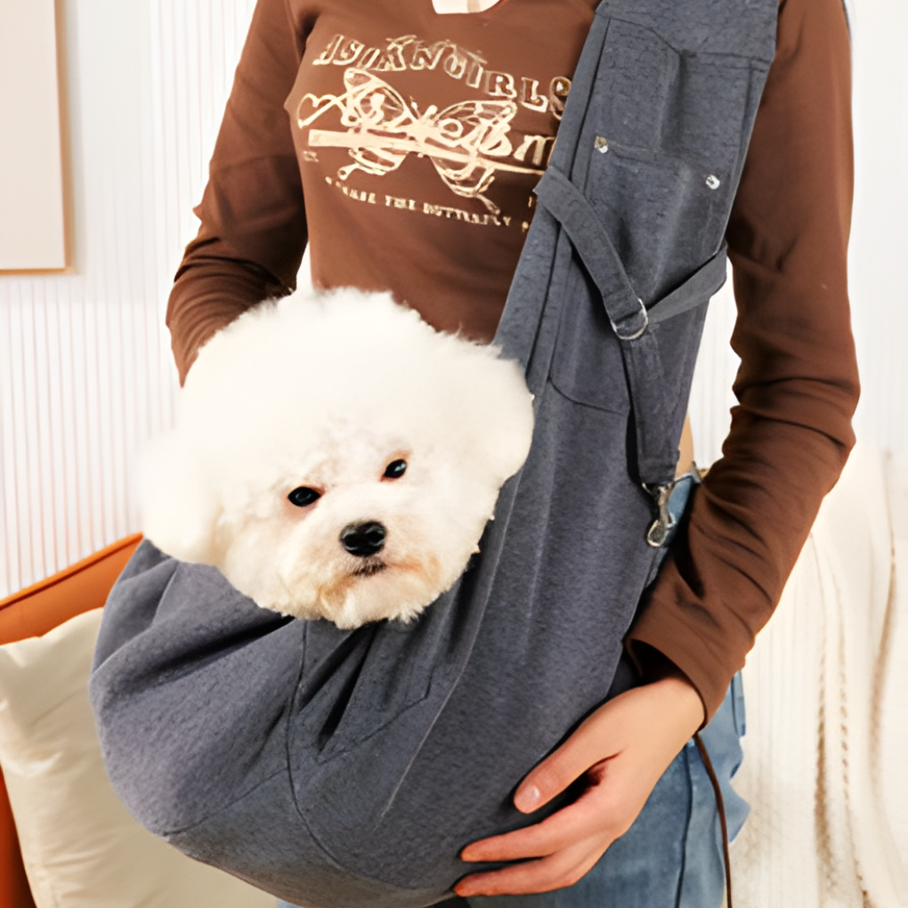 Stylish gray shoulder pet carrier bag, designed for comfortable travel with small dogs or cats
