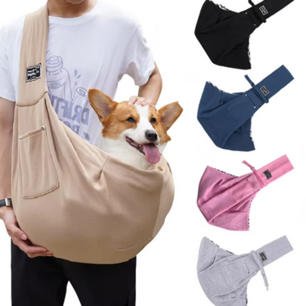 Portable pet tote bag, shown with a small dog peeking out, ideal for pet owners on the go