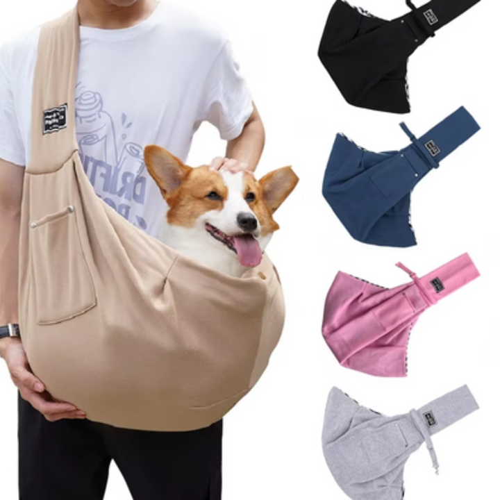 Portable pet tote bag, shown with a small dog peeking out, ideal for pet owners on the go