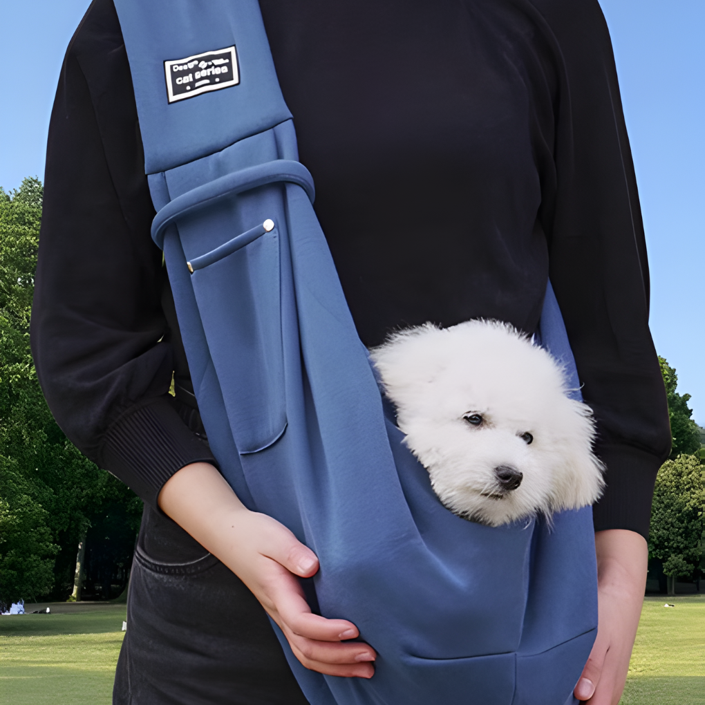 Close-up of a durable shoulder pet carrier, highlighting zippered entry and soft interior for cats and dogs