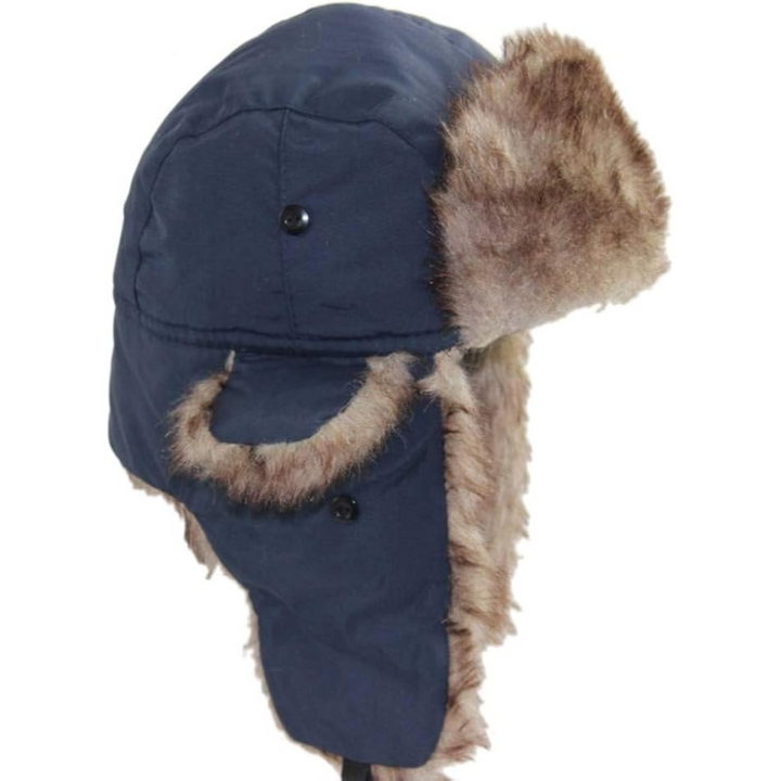 Insulated trooper hat for cold weather, featuring a warm faux fur lining and foldable ear flaps.