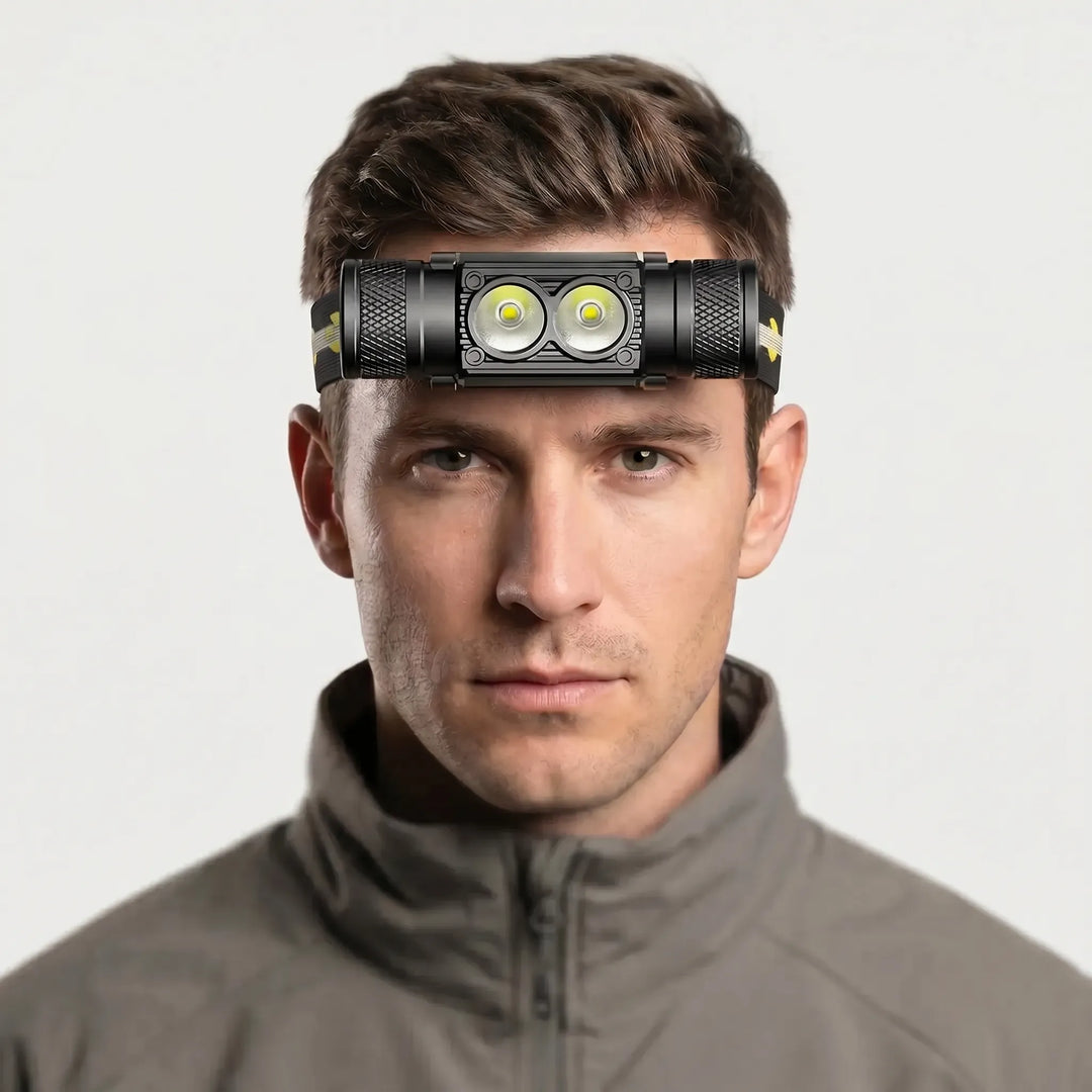 Hands-free USB-C rechargeable LED headlamp for ultimate outdoor visibility during camping, hiking, and fishing trips.