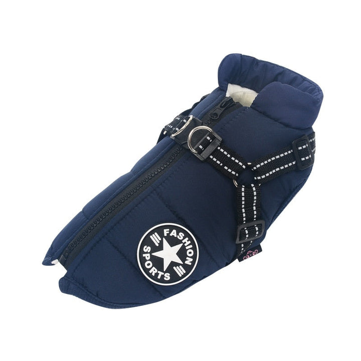 Dog coat in olive green, featuring a high collar for extra warmth, ideal for cold and wet winter conditions.