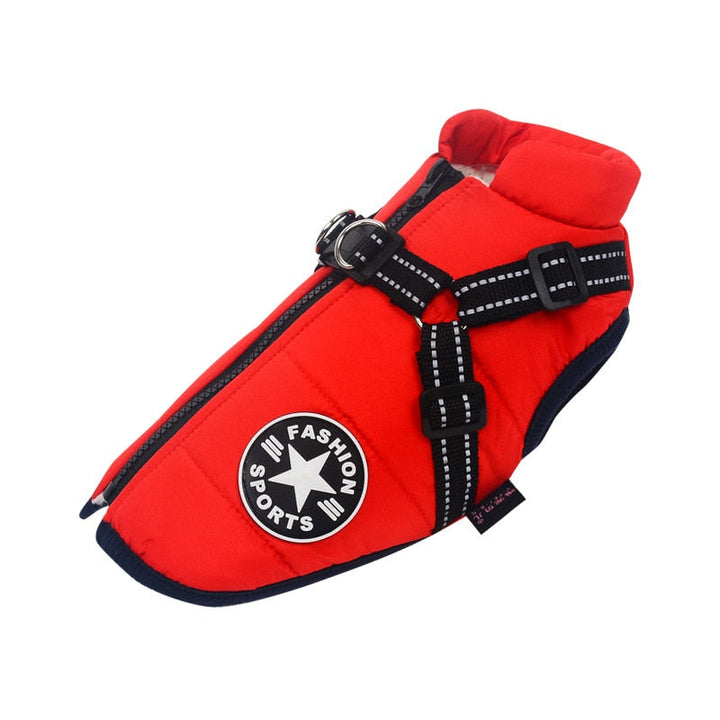 Three waterproof dog coats in different colors (black, red, blue) stacked, emphasizing warmth and easy maintenance.